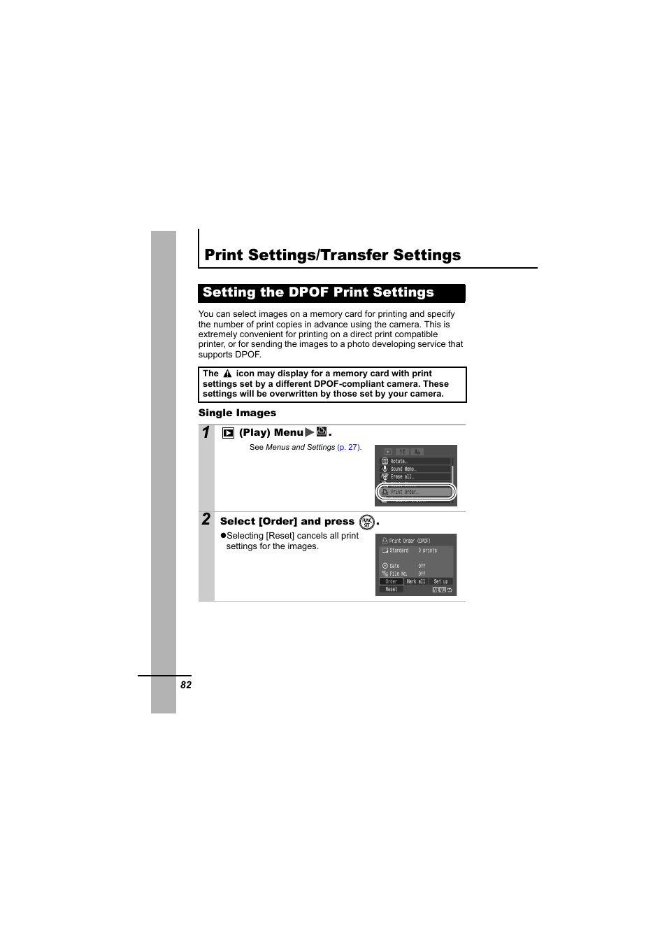 Print settings/transfer settings, Setting the dpof print settings, P. 82 | Dard, P. 82) | Canon IXUS 55 User Manual | Page 84 / 127
