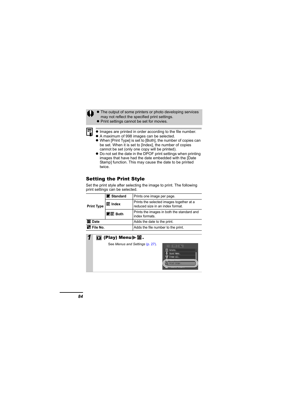 Setting the print style, P. 84) | Canon IXUS 55 User Manual | Page 86 / 127