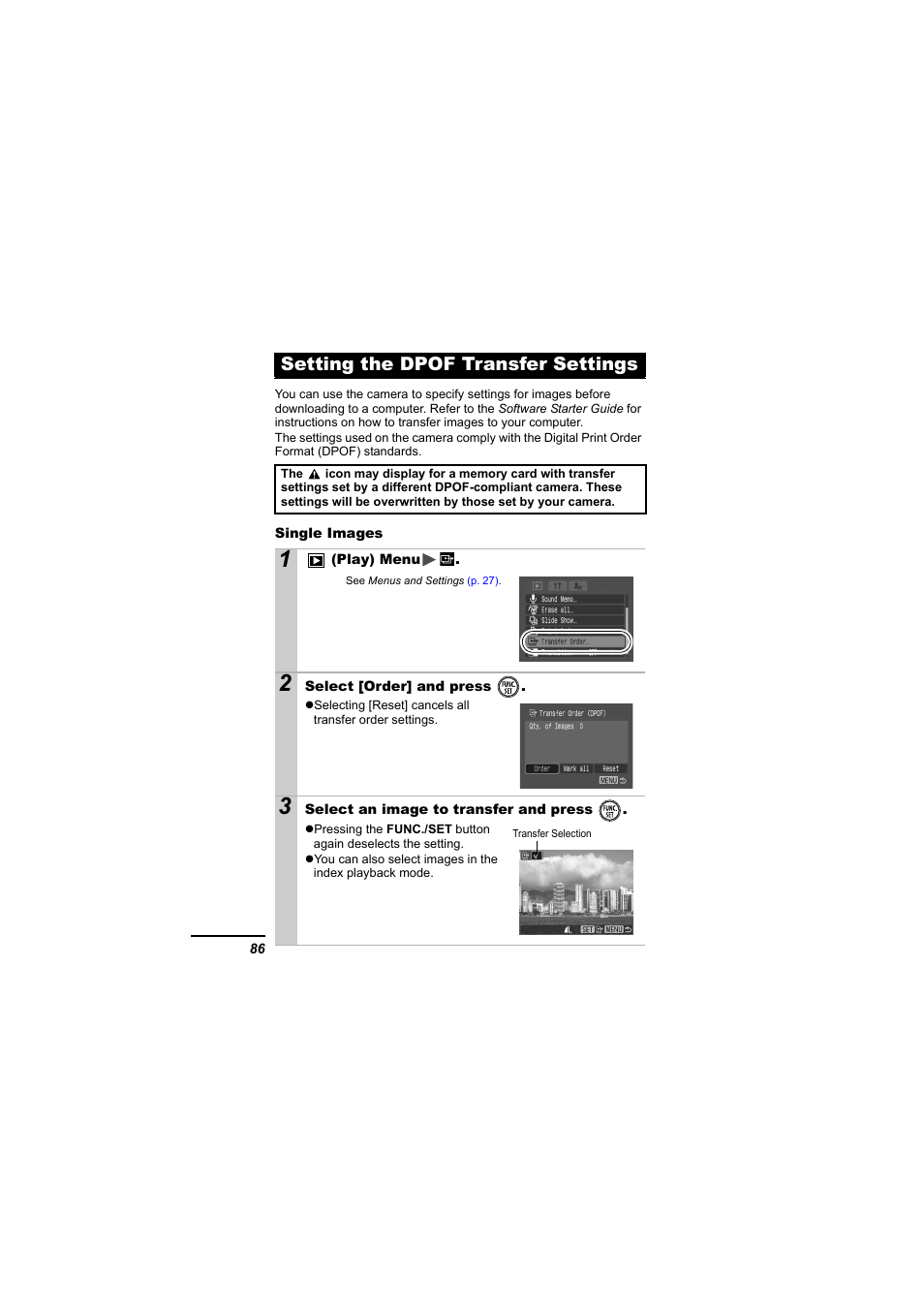 Setting the dpof transfer settings, P. 86 | Canon IXUS 55 User Manual | Page 88 / 127