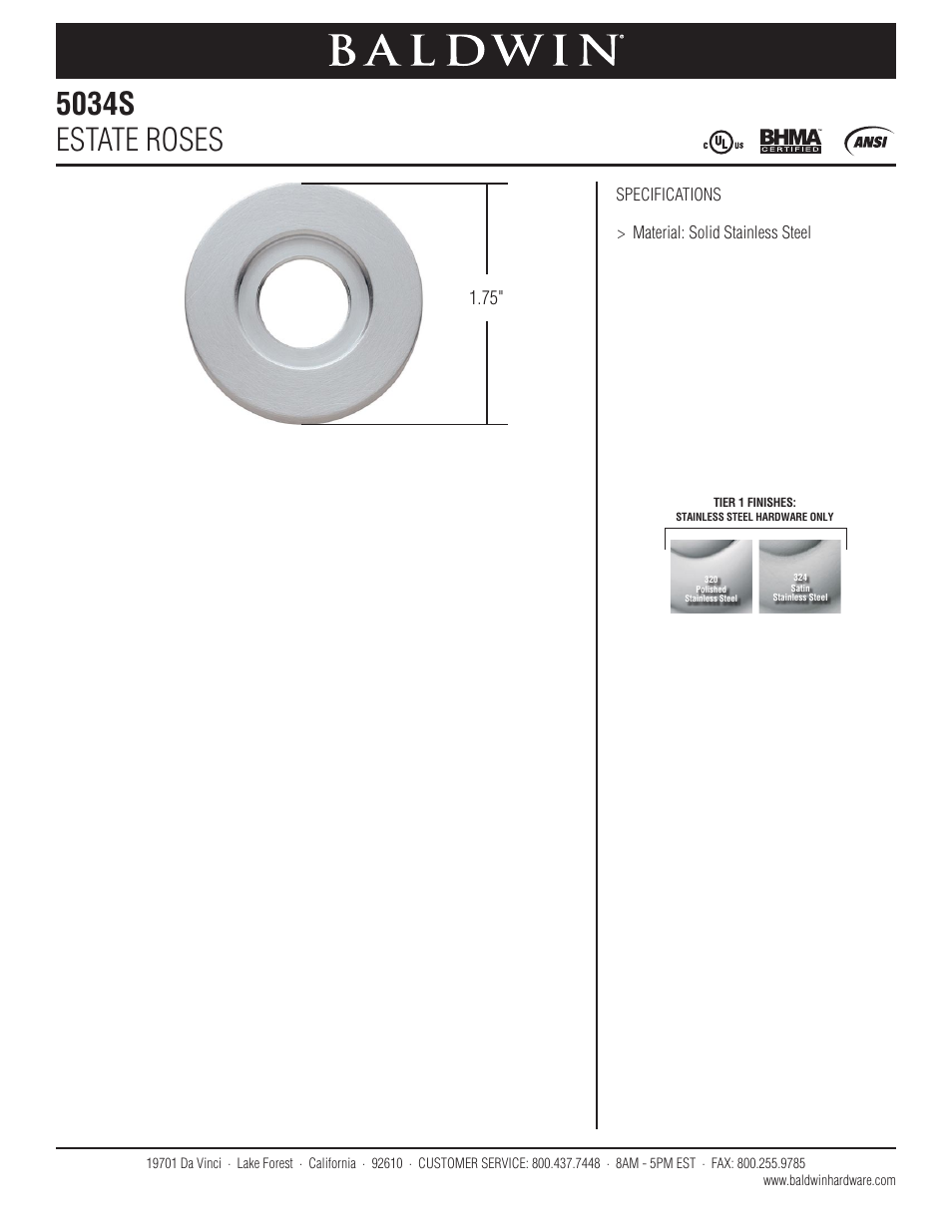 Baldwin 5034s Estate Rose User Manual | 1 page