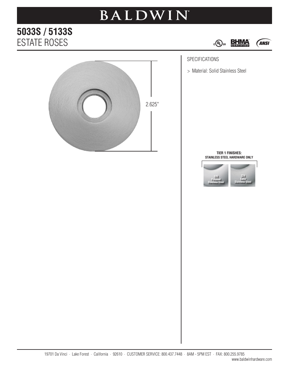 Baldwin 5033s-5133s Estate Rose User Manual | 1 page
