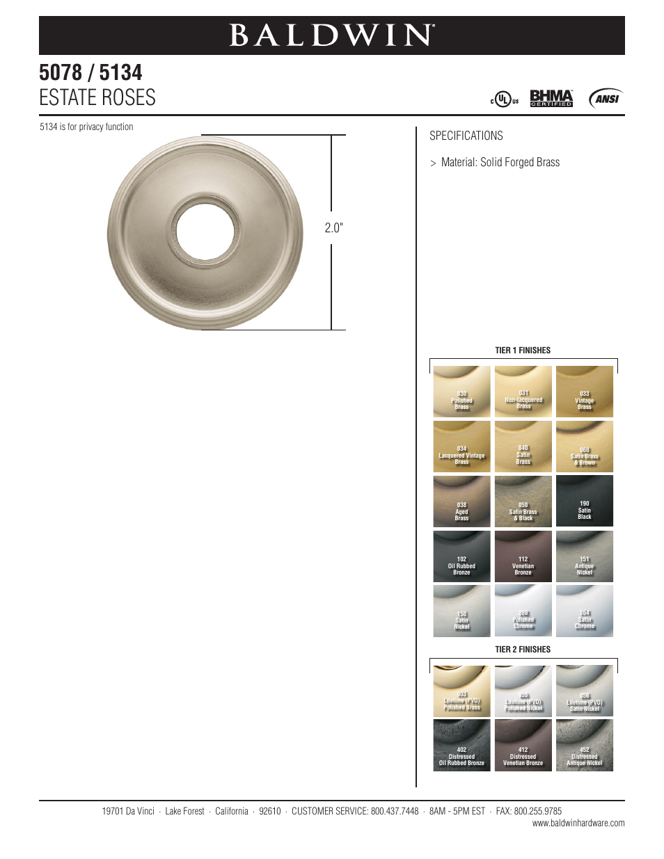 Baldwin 5134 Estate Rose User Manual | 1 page