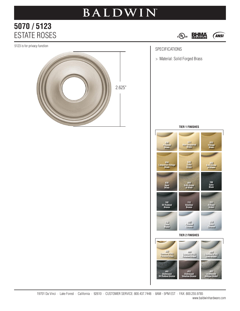 Baldwin 5123 Estate Rose User Manual | 1 page