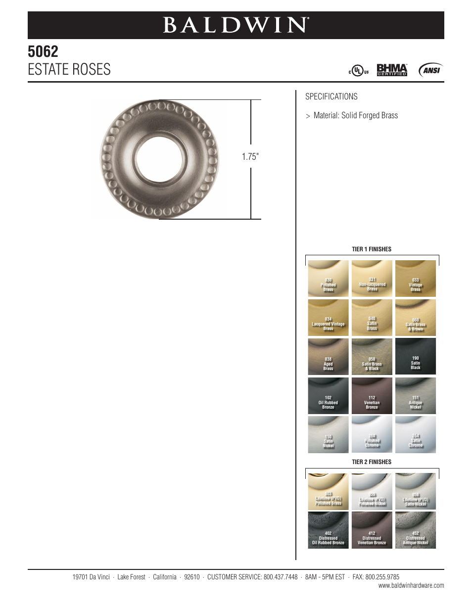 Baldwin 5062 Estate Rose User Manual | 1 page