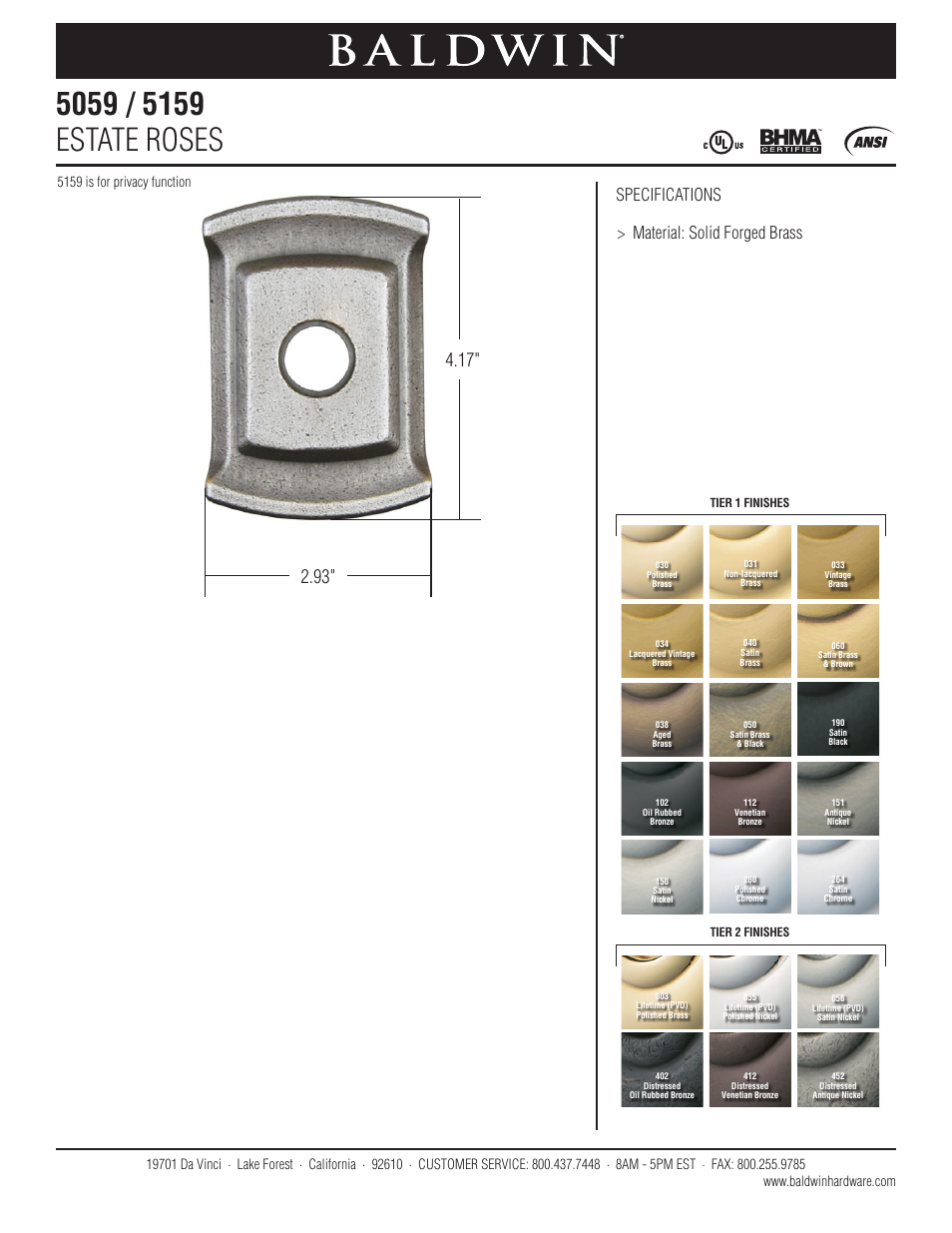Baldwin 5159 Estate Rose User Manual | 1 page