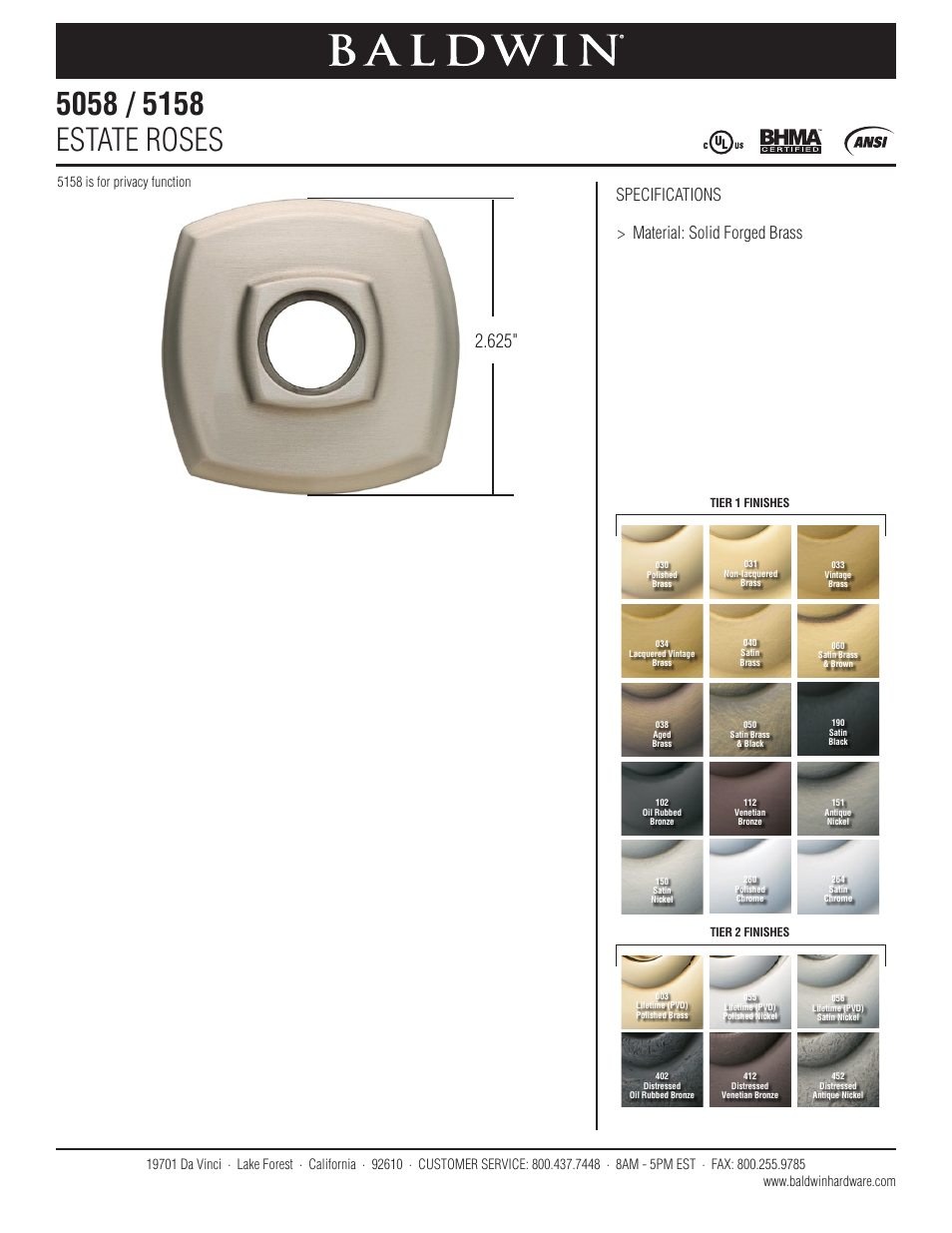 Baldwin 5158 Estate Rose User Manual | 1 page