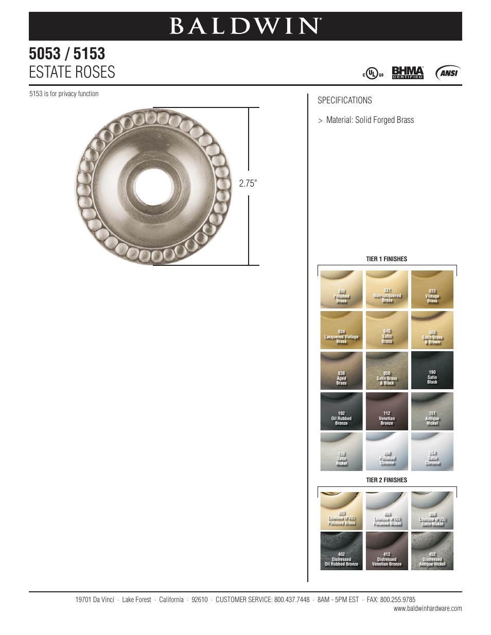 Baldwin 5153 Estate Rose User Manual | 1 page