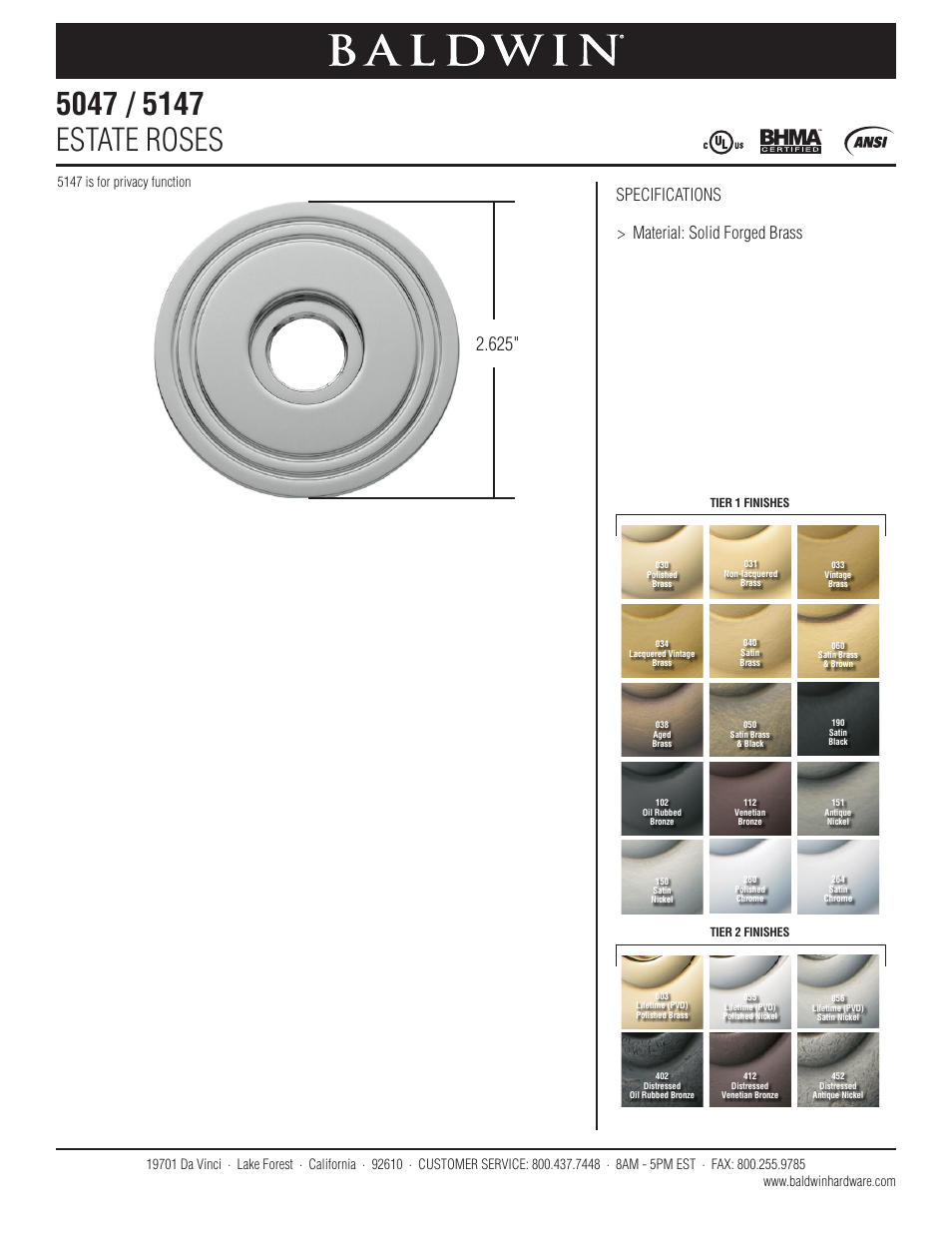 Baldwin 5147 Estate Rose User Manual | 1 page