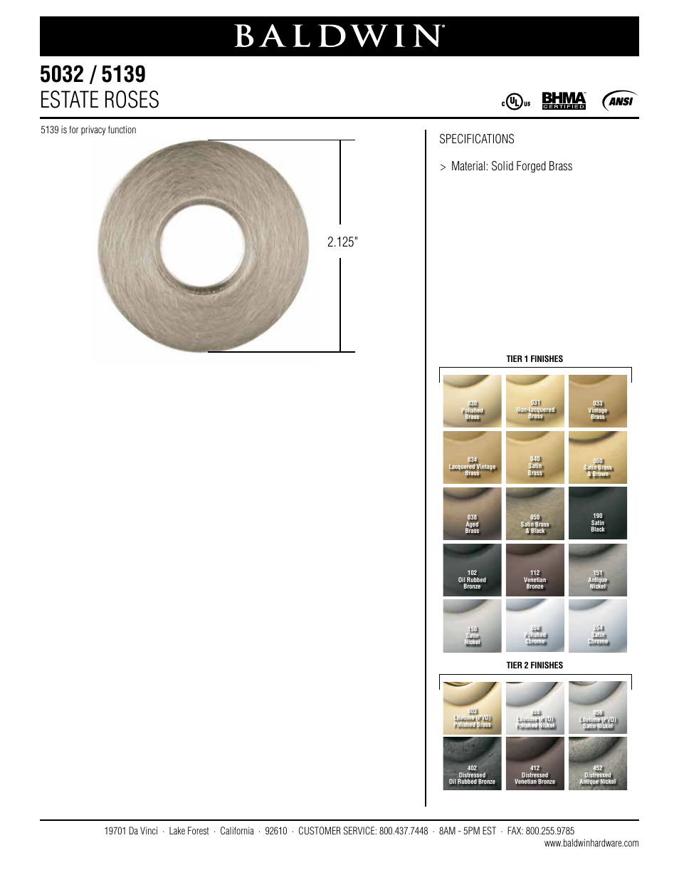 Baldwin 5032 Estate Rose User Manual | 1 page