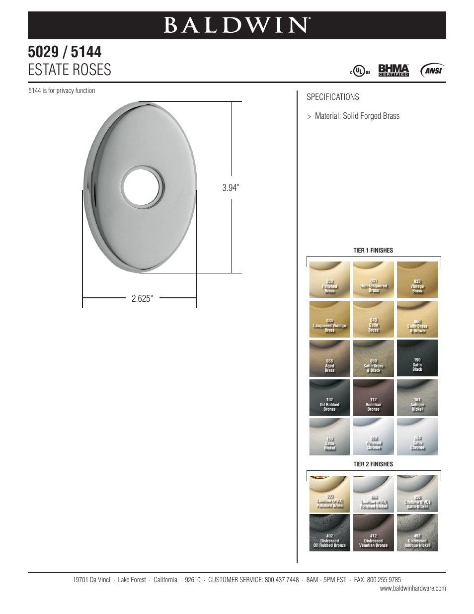 Baldwin 5029 Estate Rose User Manual | 1 page