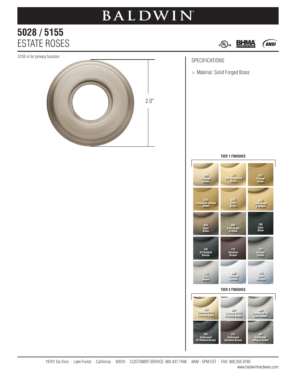 Baldwin 5028 Estate Rose User Manual | 1 page