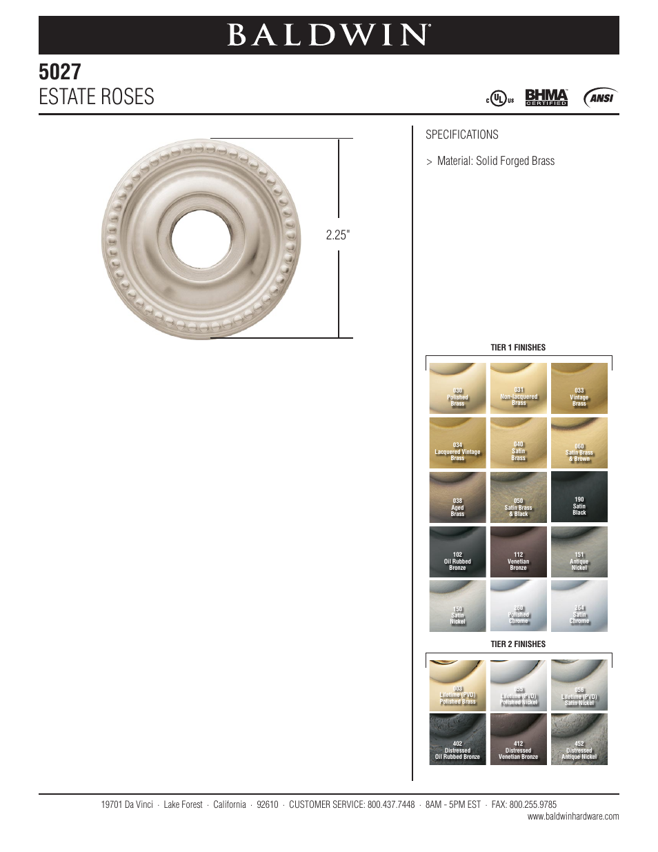 Baldwin 5027 Estate Rose User Manual | 1 page