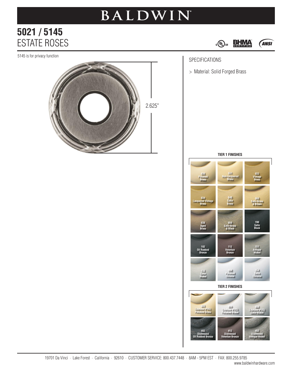 Baldwin 5021 Estate Rose User Manual | 1 page