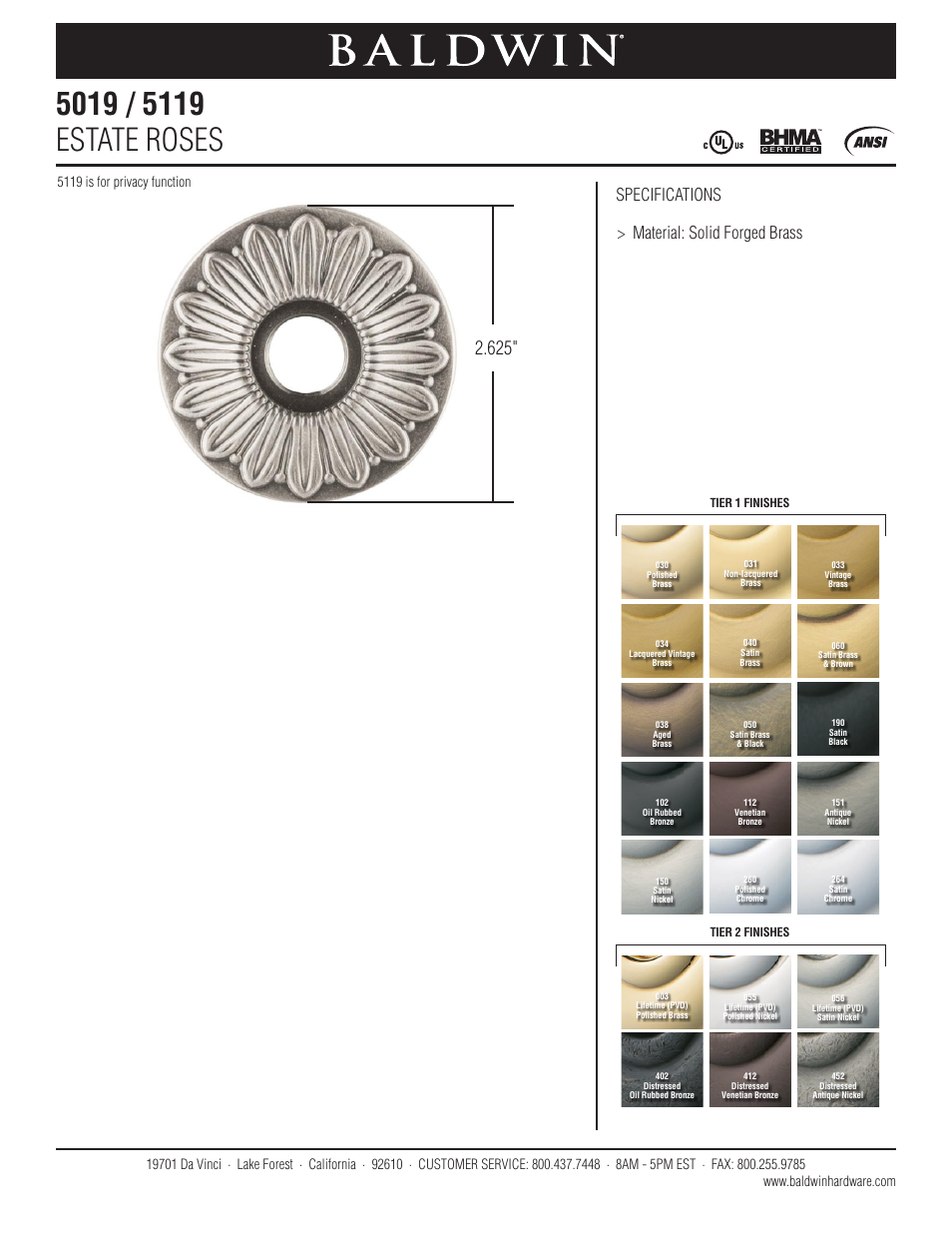 Baldwin 5019 Estate Rose User Manual | 1 page