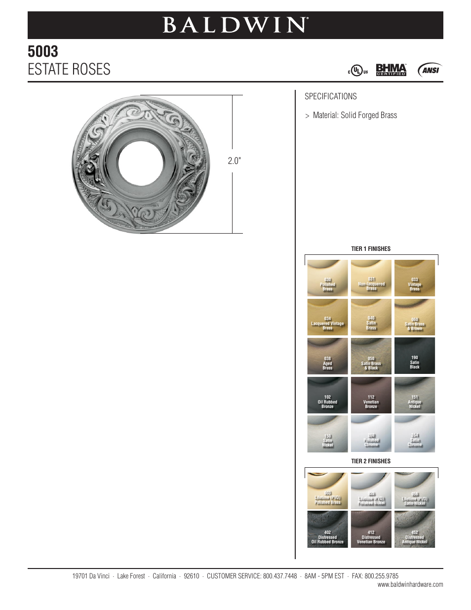 Baldwin 5003 Estate Rose User Manual | 1 page