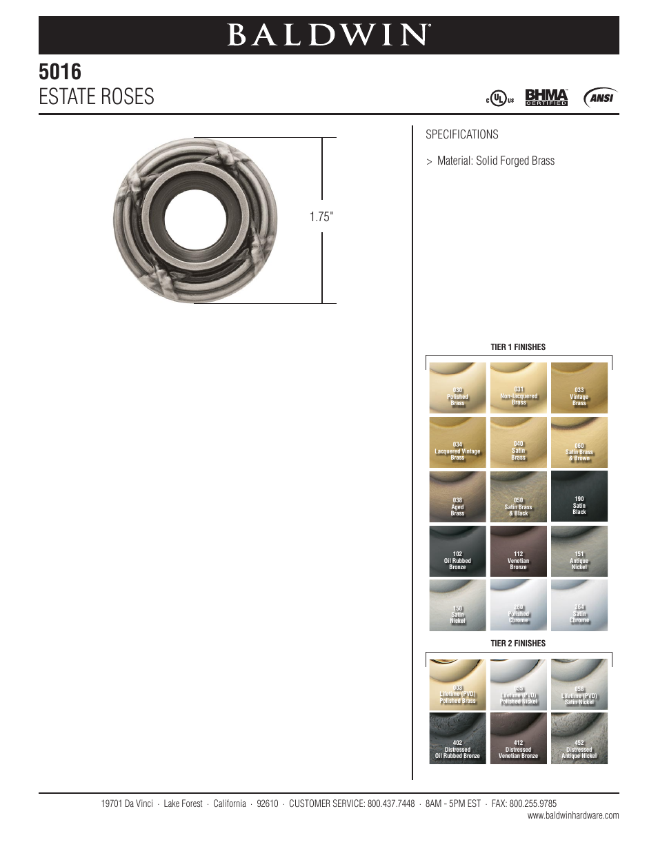 Baldwin 5016 Estate Rose User Manual | 1 page