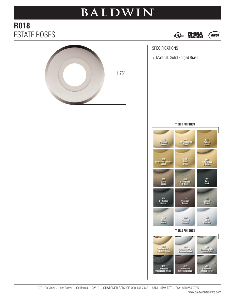 Baldwin R018 Estate Rose User Manual | 1 page