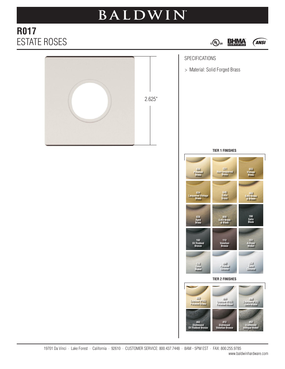 Baldwin R017 Estate Rose User Manual | 1 page