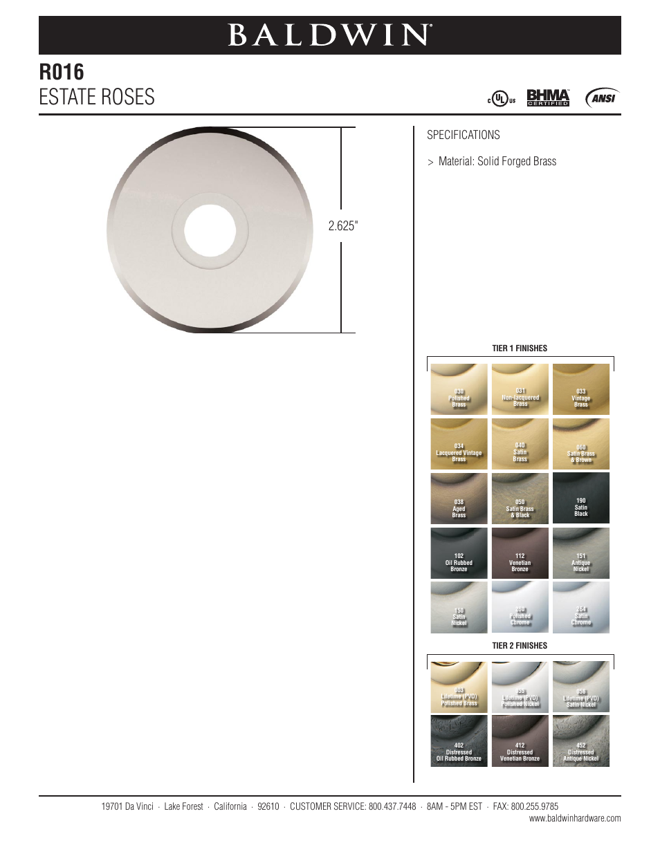 Baldwin R016 Estate Rose User Manual | 1 page