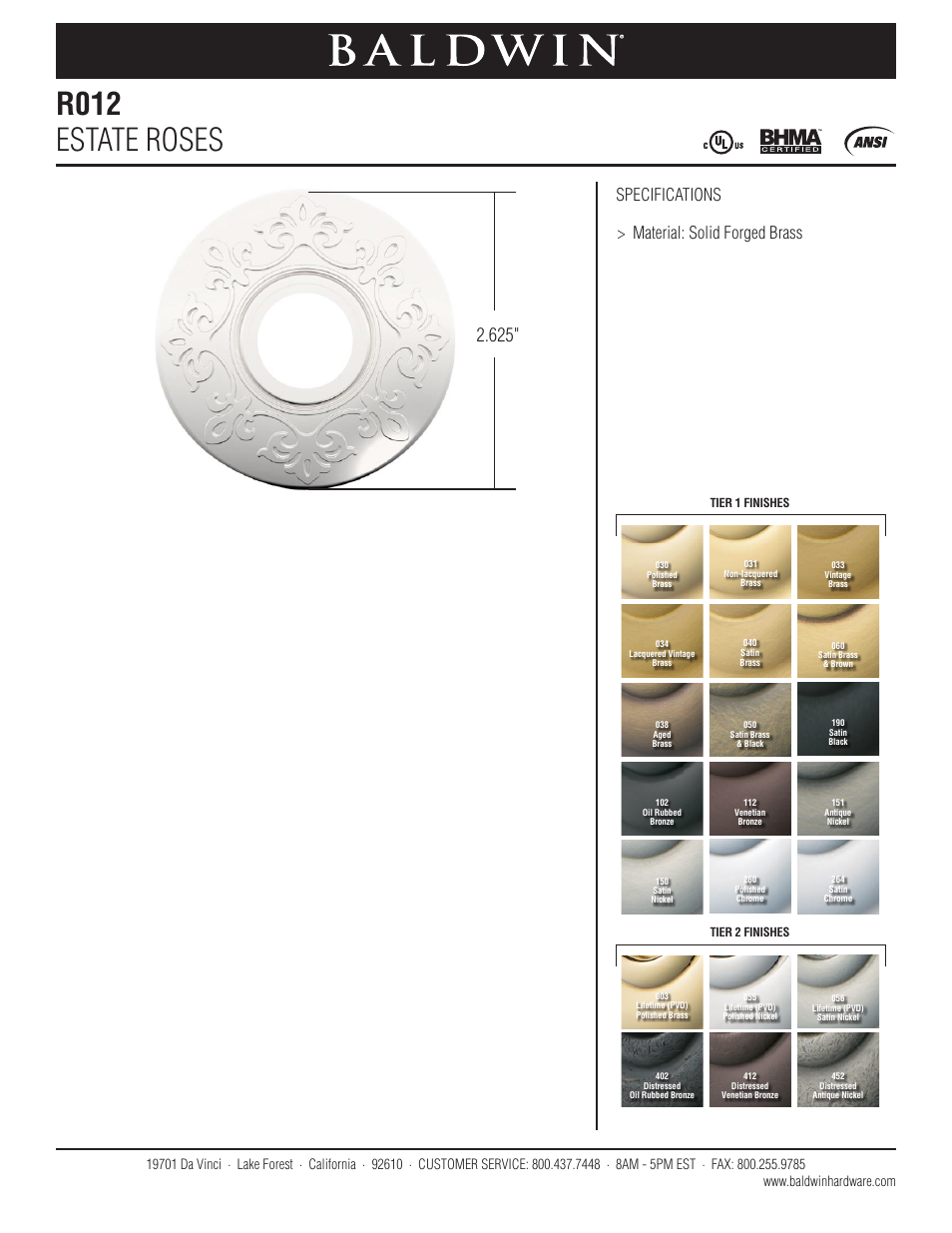 Baldwin R012 Estate Rose User Manual | 1 page