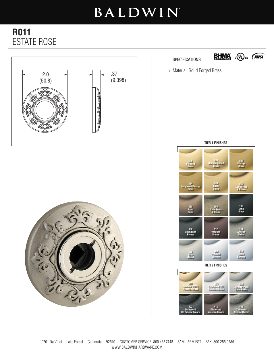Baldwin R011 Estate Rose User Manual | 1 page