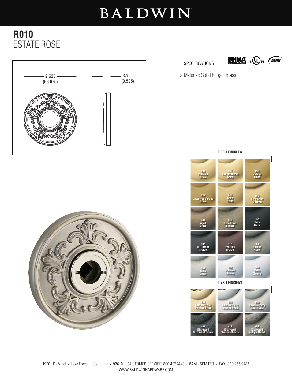 Baldwin R010 Estate Rose User Manual | 1 page