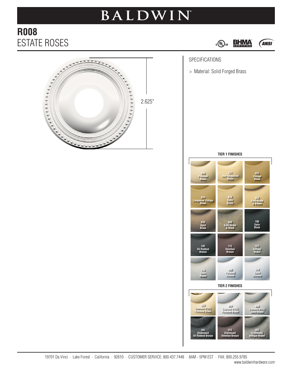 Baldwin R008 Estate Rose User Manual | 1 page