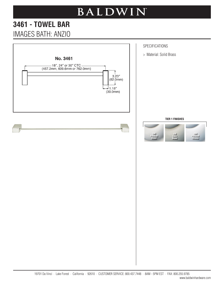 Baldwin Anzio 30 Towel Bar" User Manual | 1 page