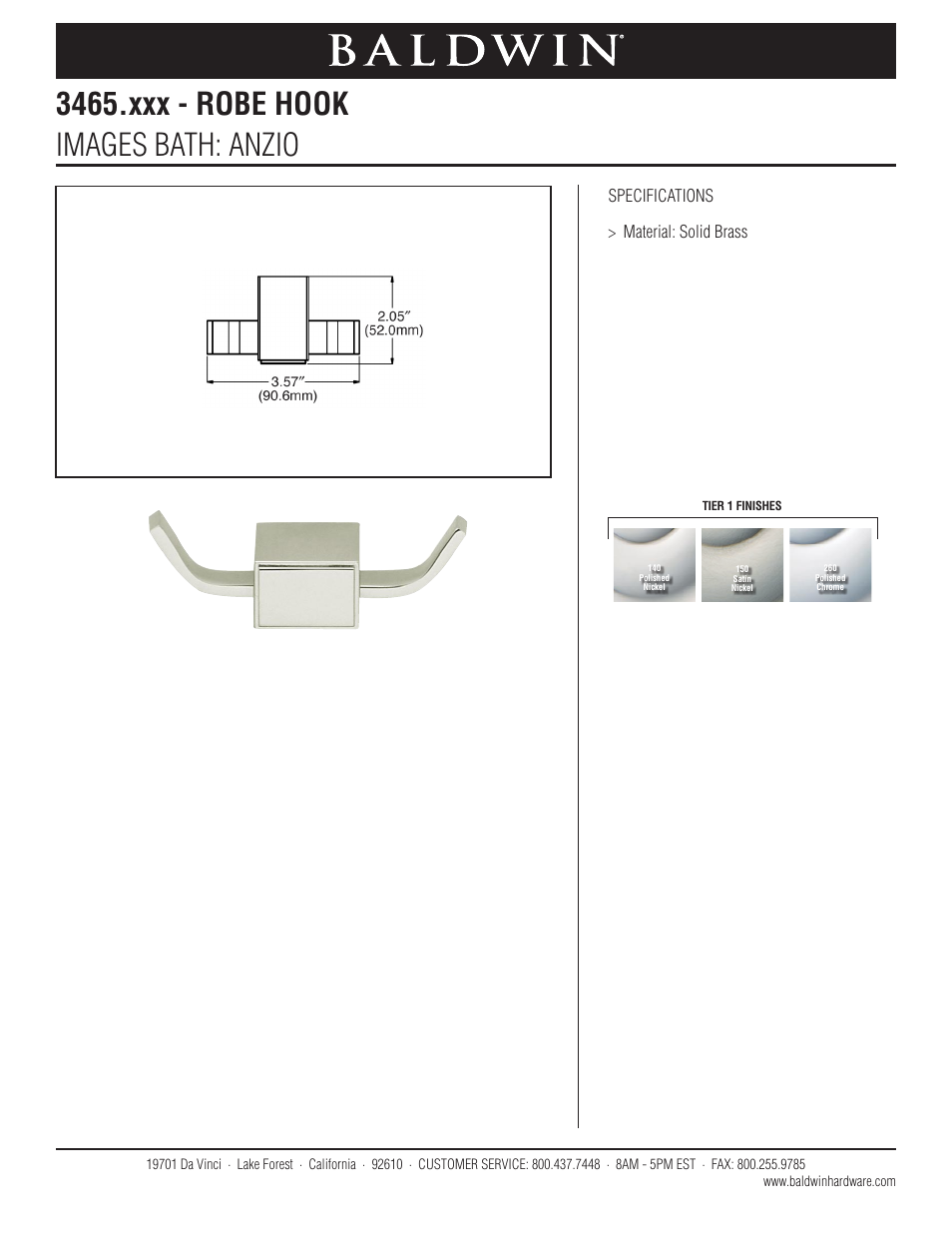 Baldwin Anzio Robe Hook User Manual | 1 page