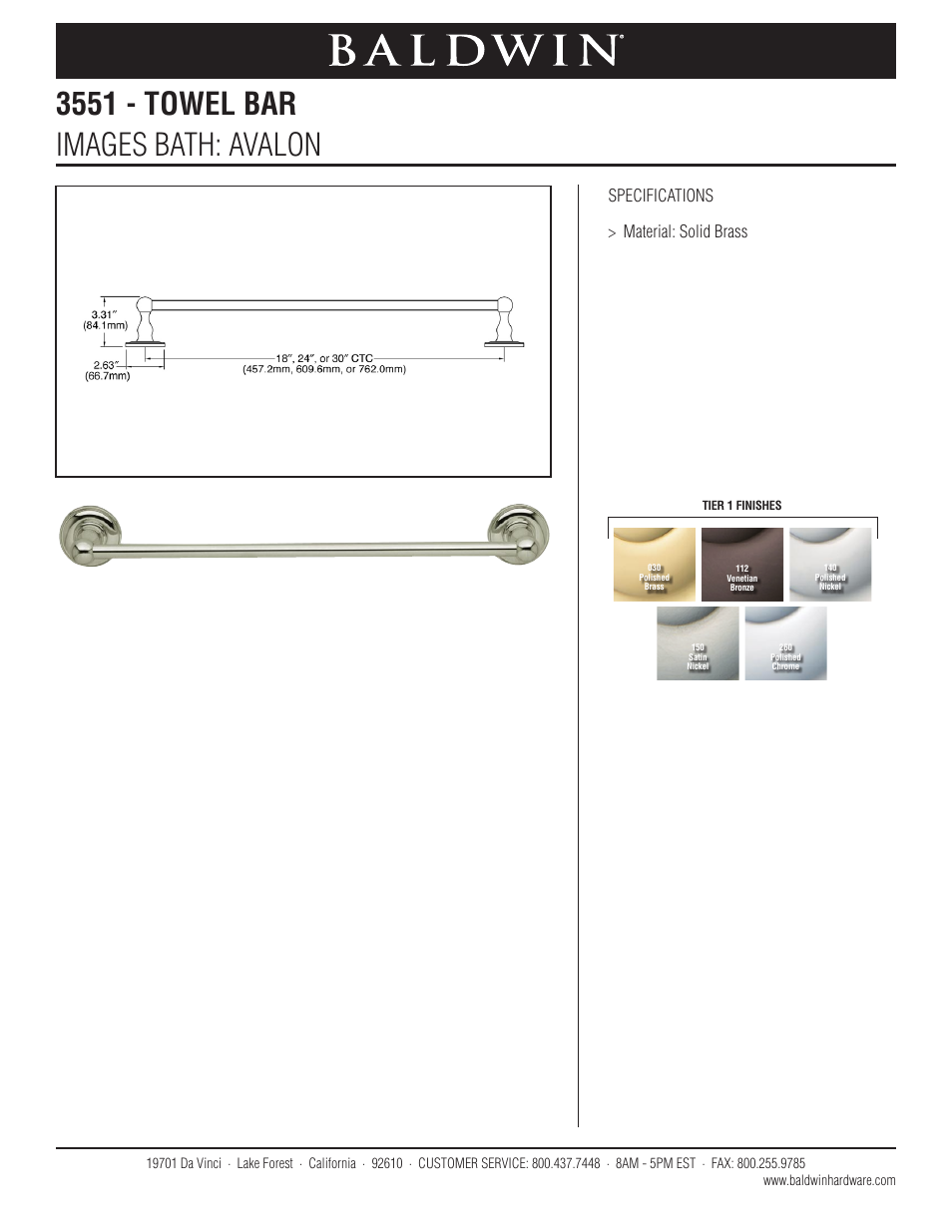 Baldwin Avalon 30 Towel Bar" User Manual | 1 page