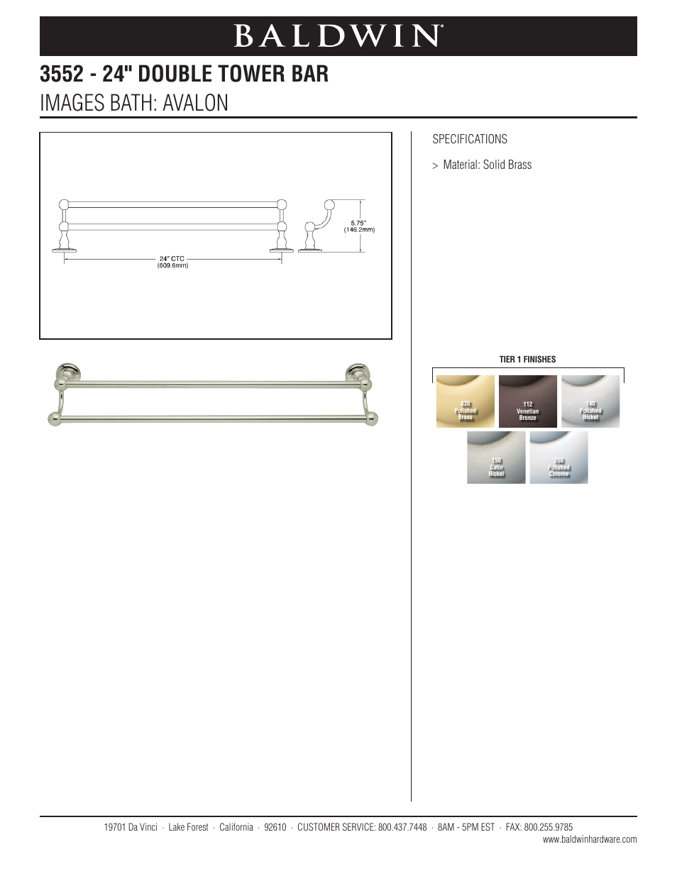 Baldwin Avalon 24 Double Towel Bar" User Manual | 1 page