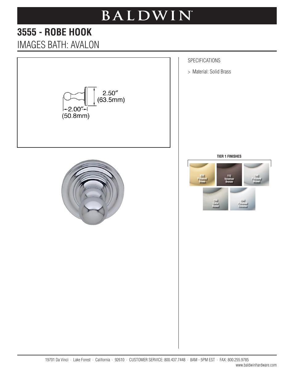 Baldwin Avalon Robe Hook User Manual | 1 page
