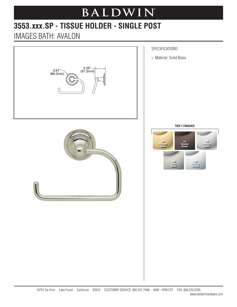 Baldwin Avalon Tissue Holder User Manual | 1 page