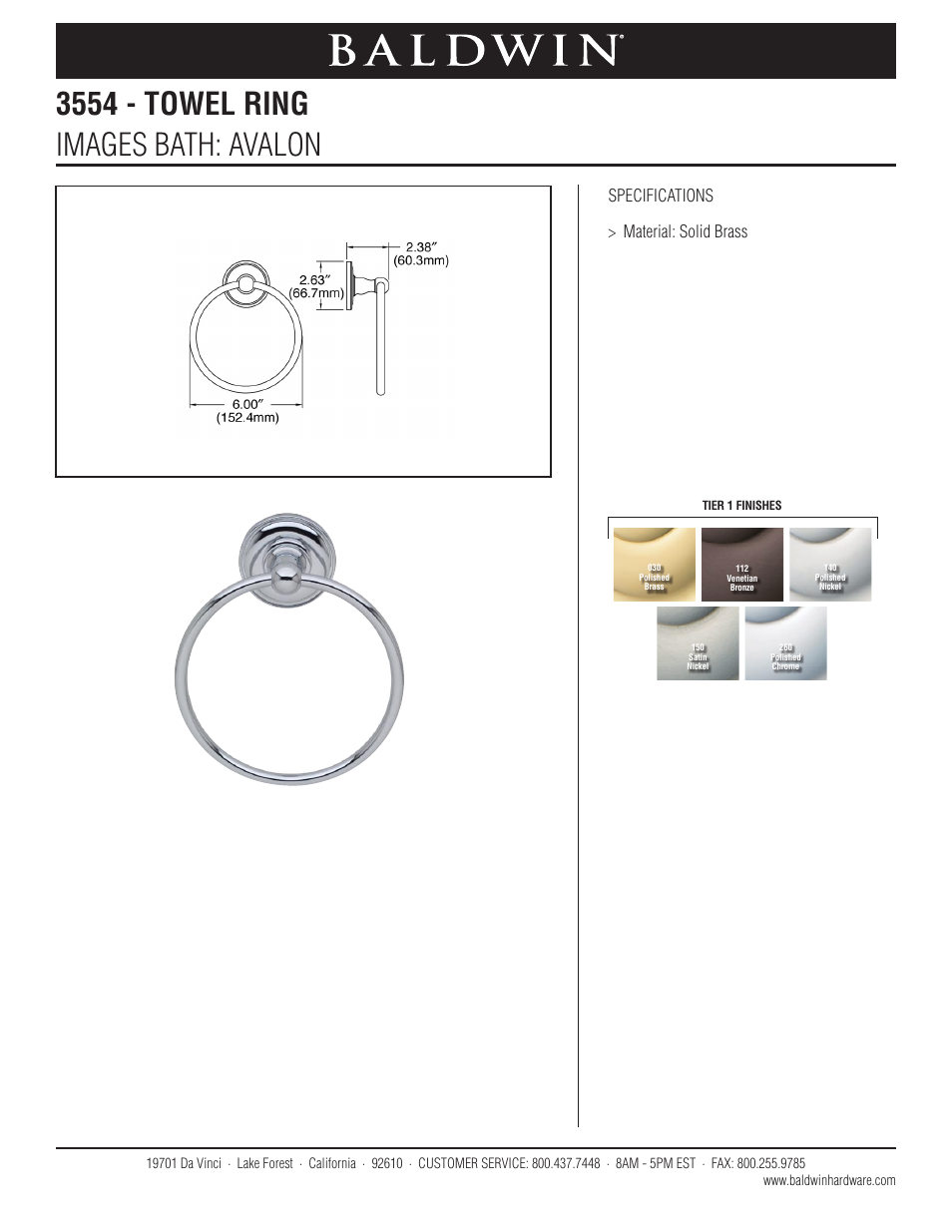 Baldwin Avalon Towel Ring User Manual | 1 page