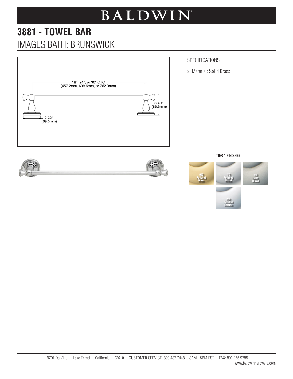 Baldwin Brunswick 30 Towel Bar" User Manual | 1 page