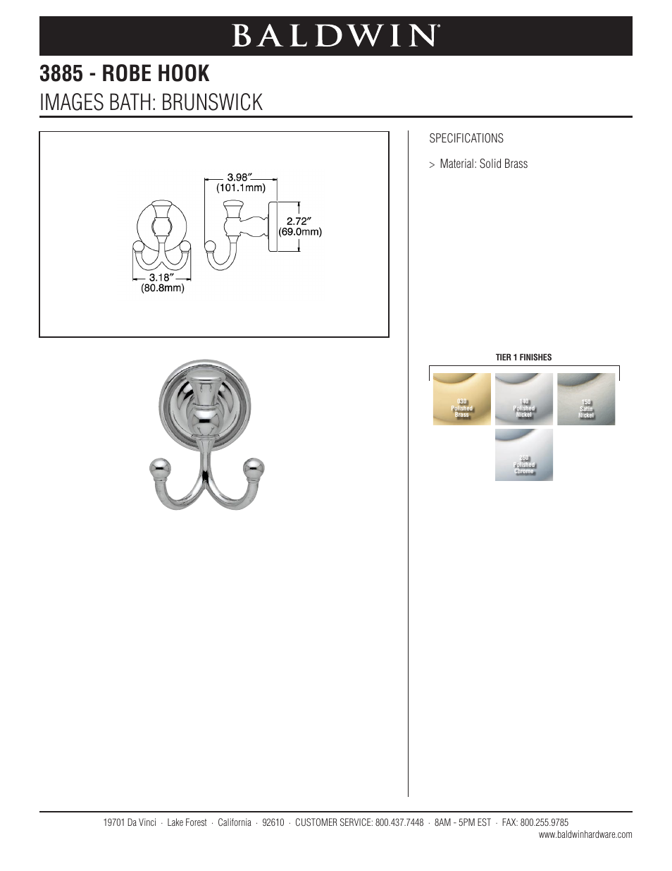 Baldwin Brunswick Robe Hook User Manual | 1 page
