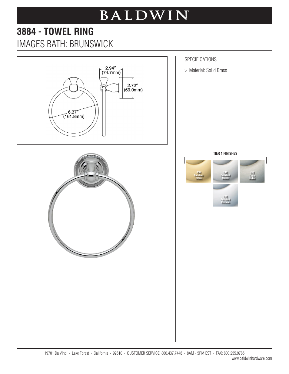 Baldwin Brunswick Towel Ring User Manual | 1 page