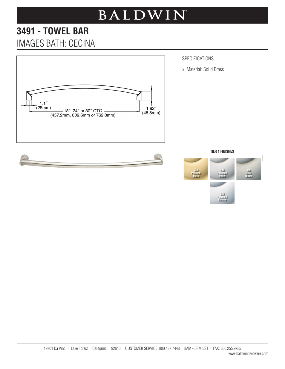 Baldwin Cecina 30 Towel Bar" User Manual | 1 page