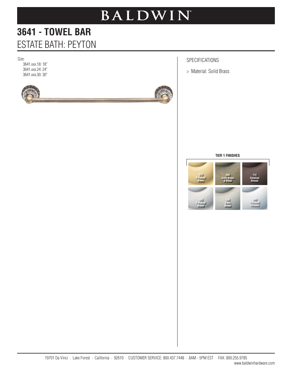 Baldwin Peyton 30 Towel Bar" User Manual | 1 page