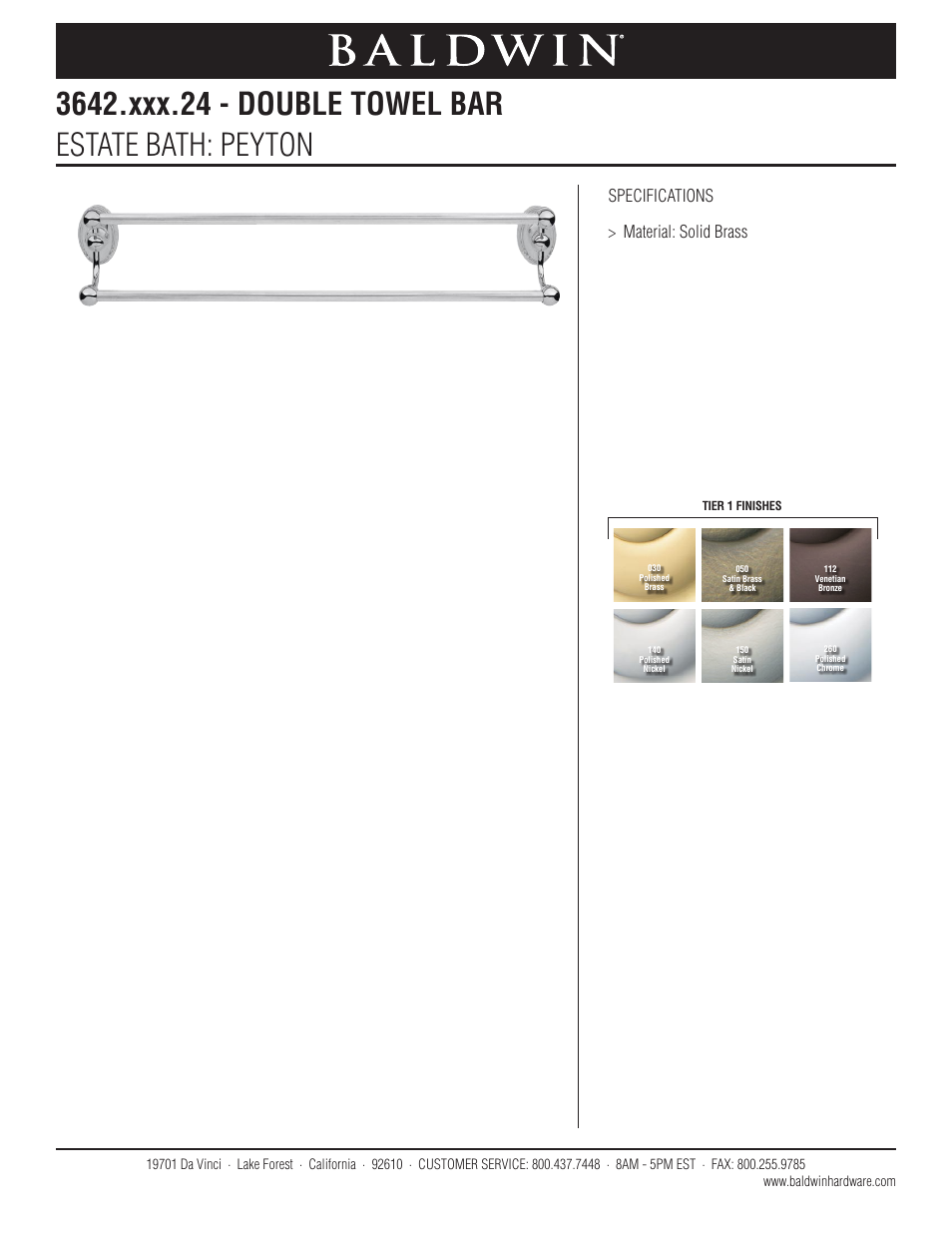 Baldwin Peyton 24 Double Towel Bar" User Manual | 1 page