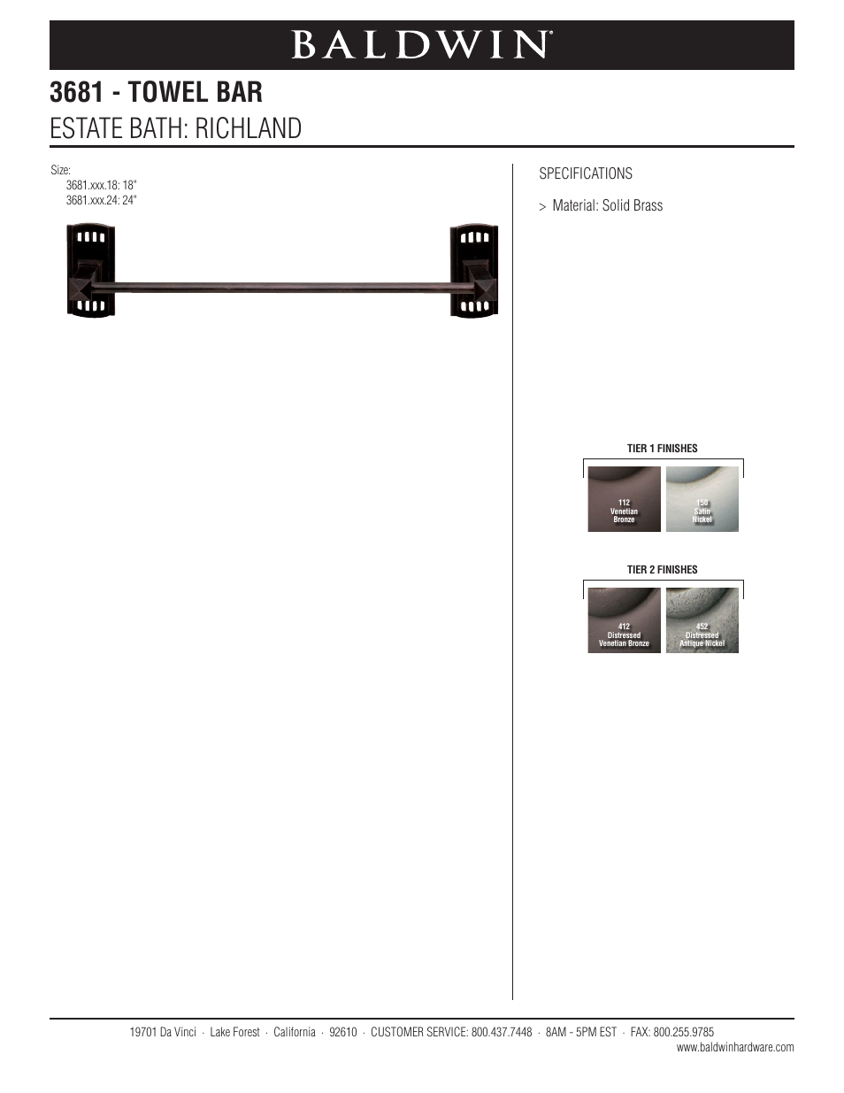Baldwin Richland 24 Towel Bar" User Manual | 1 page