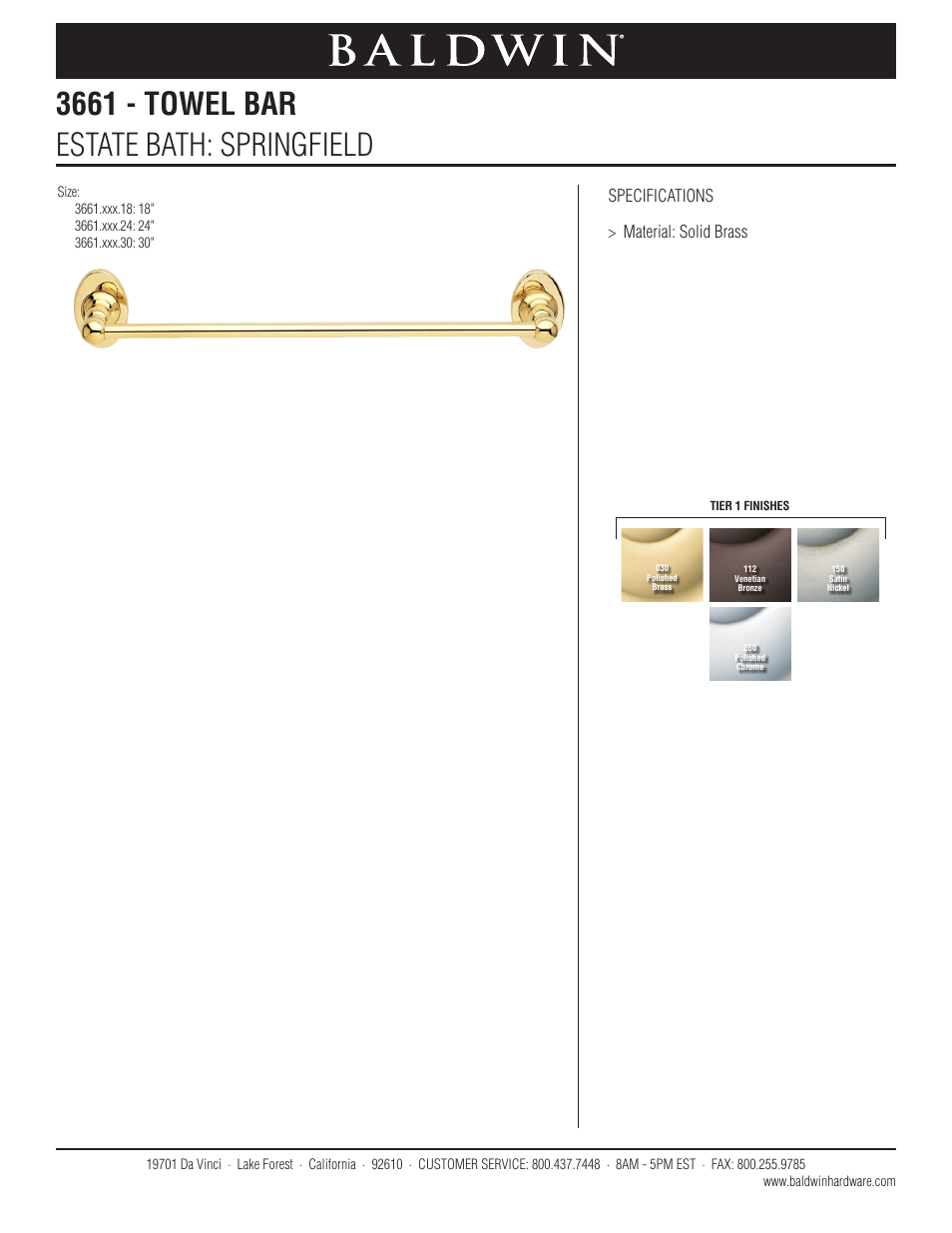 Baldwin Springfield 30 Towel Bar" User Manual | 1 page