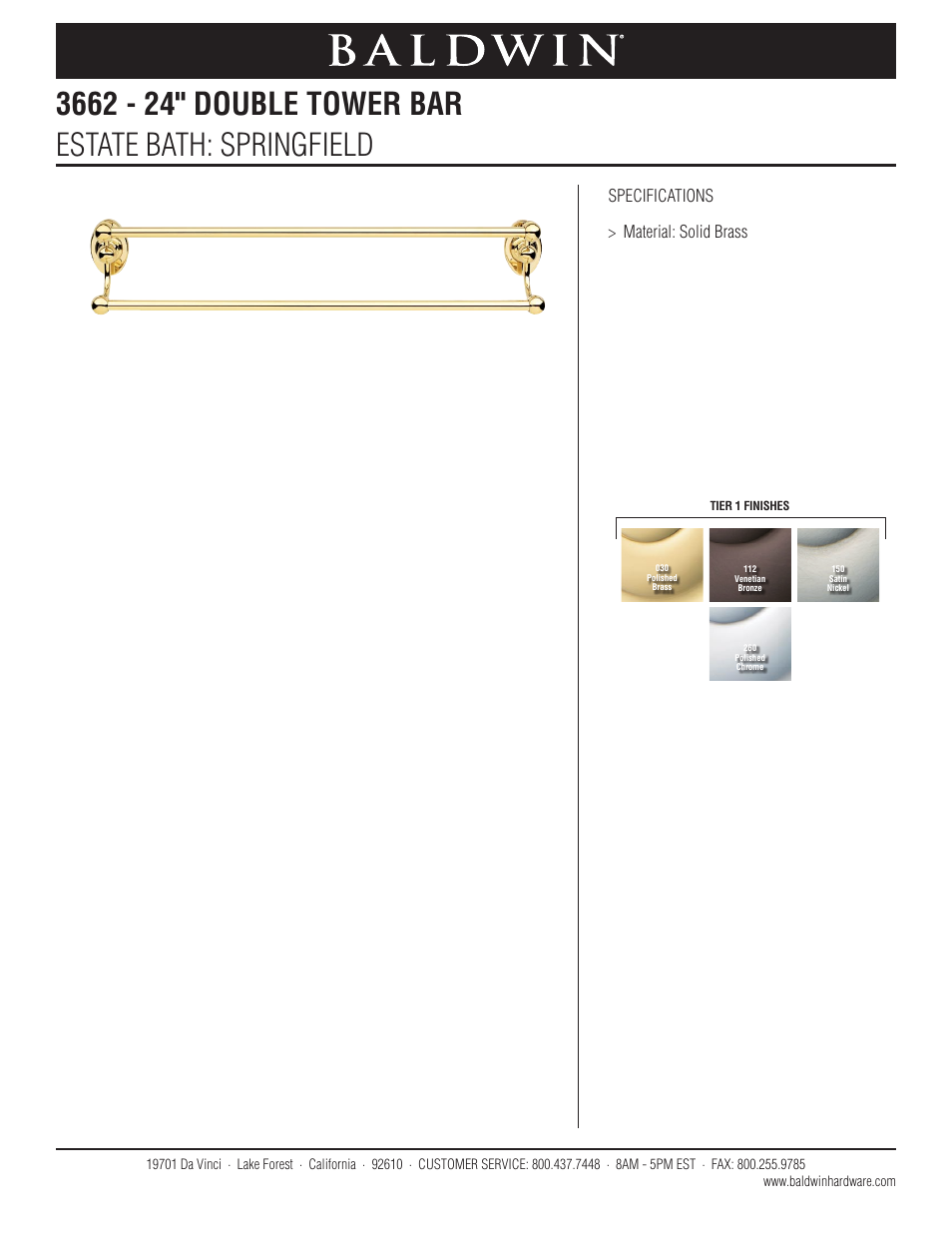 Baldwin Springfield 24 Double Towel Bar" User Manual | 1 page