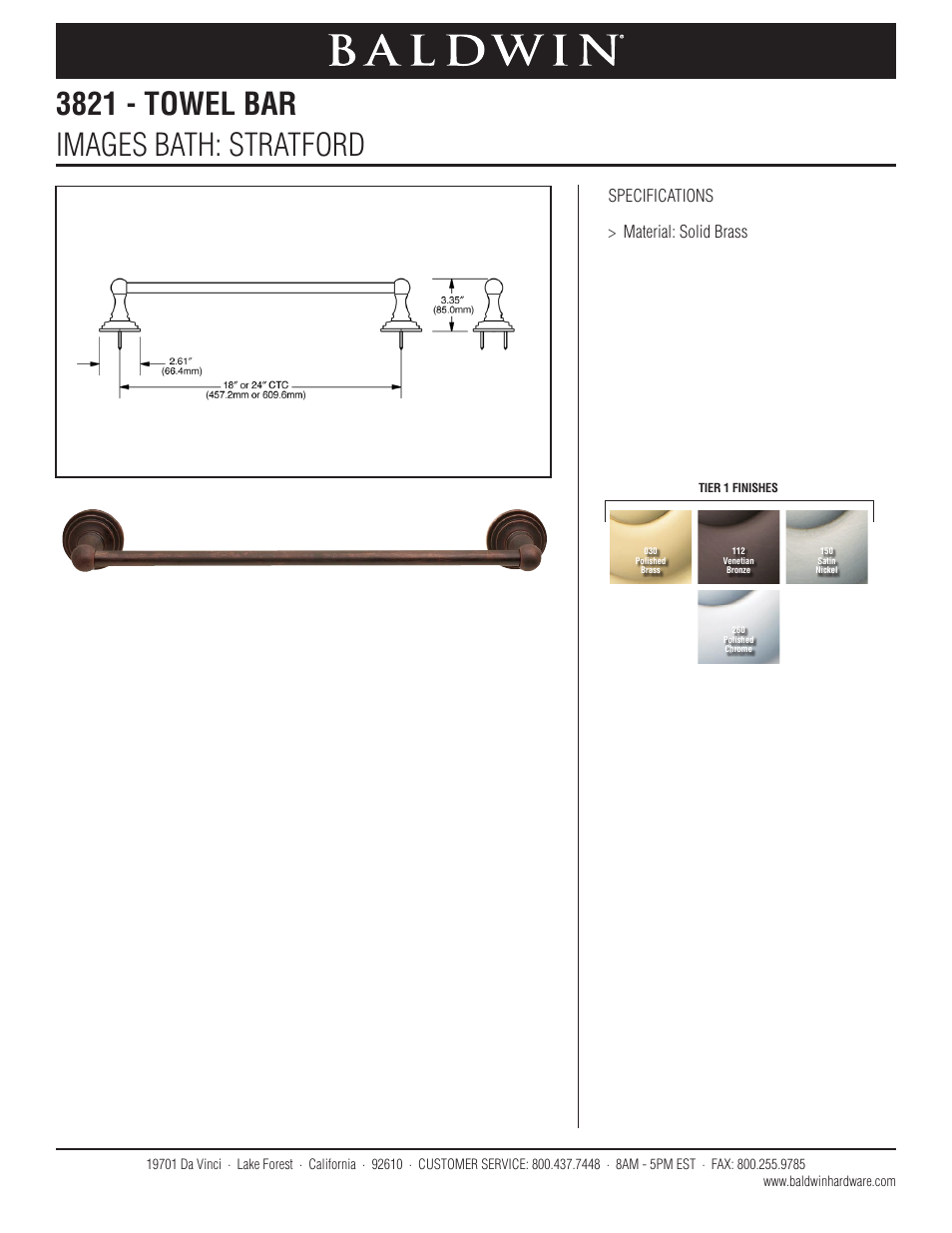 Baldwin Stratford 24 Towel Bar" User Manual | 1 page
