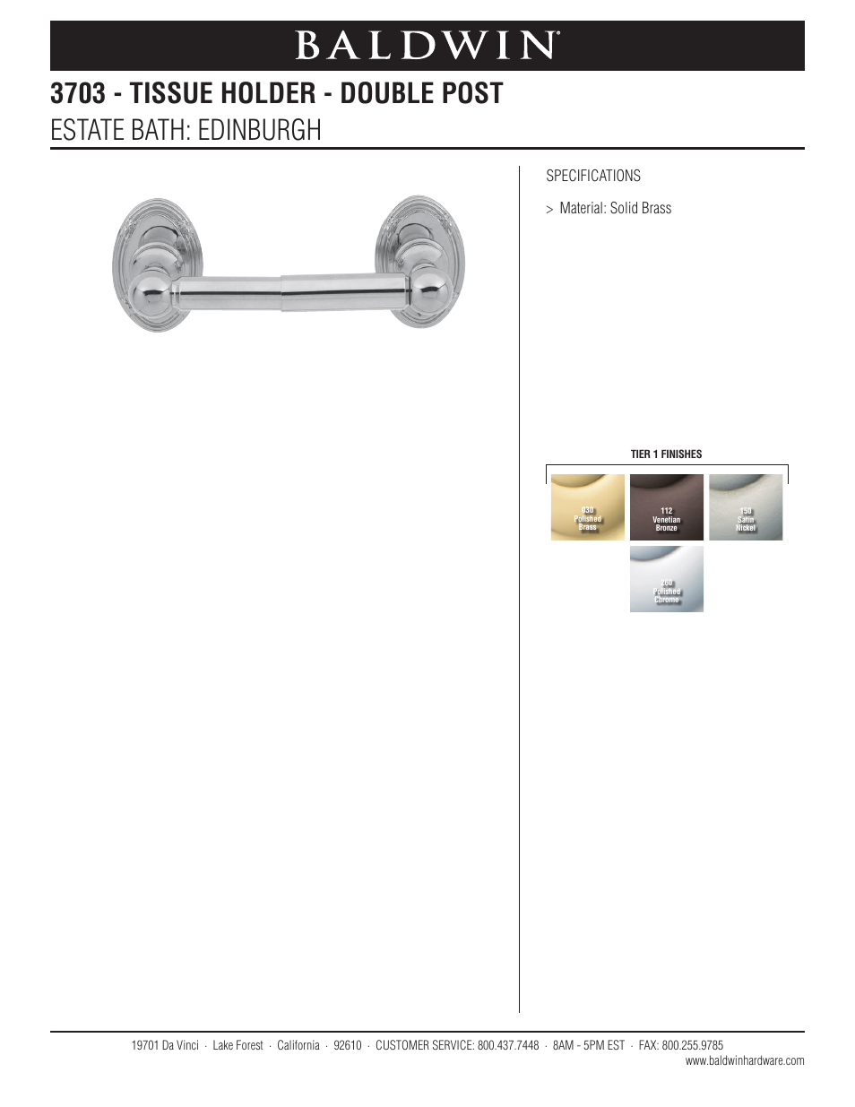 Baldwin Edinburgh Tissue Holder User Manual | 1 page