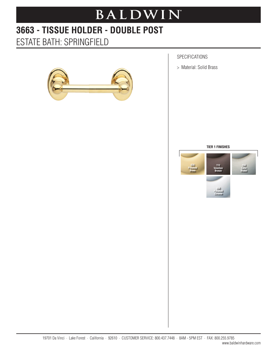 Baldwin Springfield Tissue Holder User Manual | 1 page