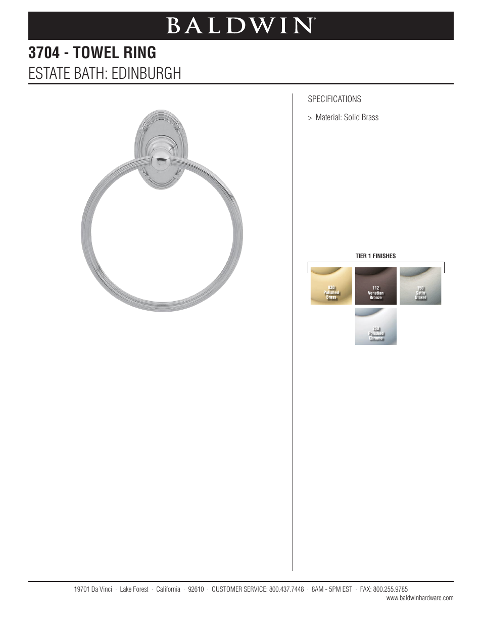 Baldwin Edinburgh Towel Ring User Manual | 1 page