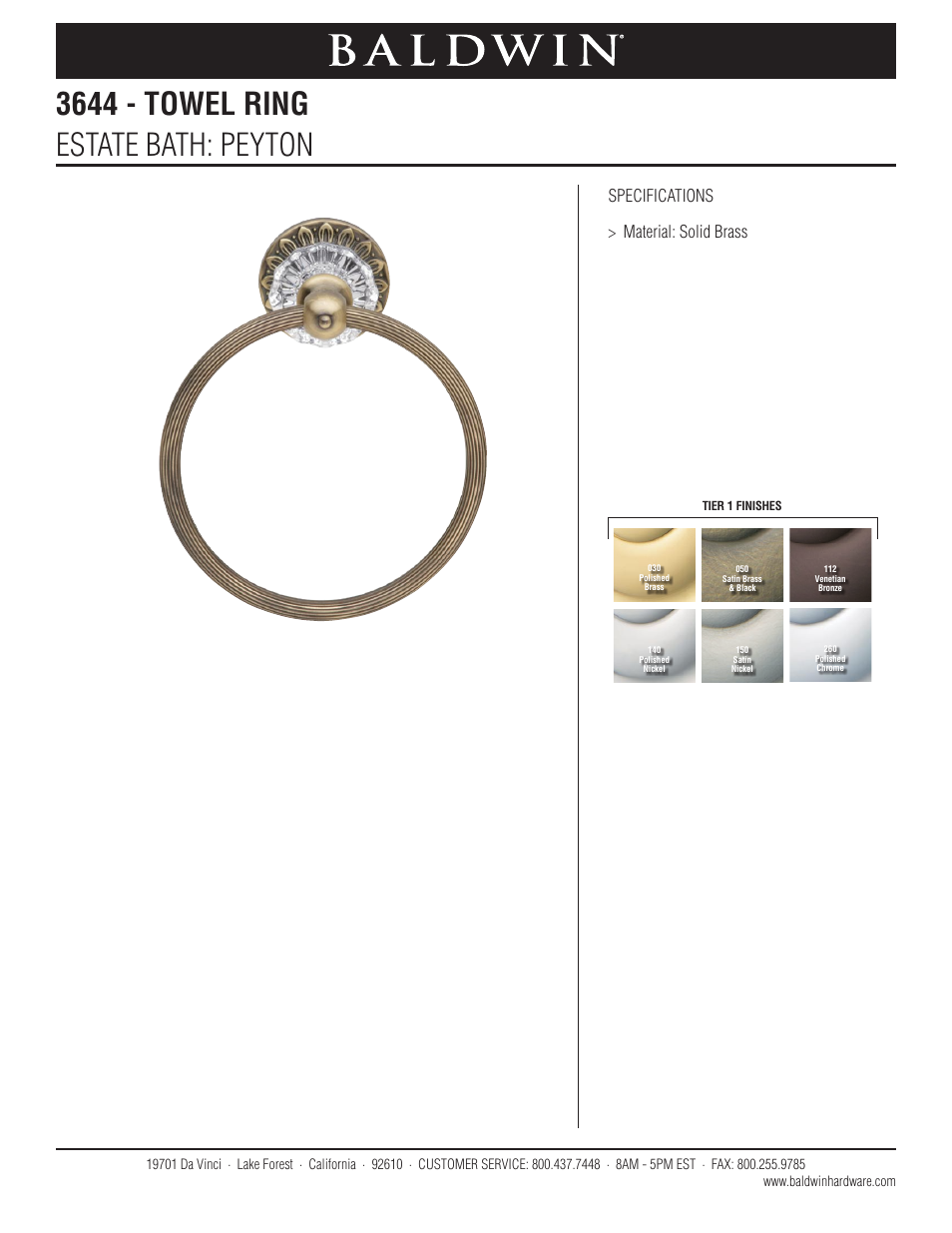 Baldwin Peyton Towel Ring User Manual | 1 page