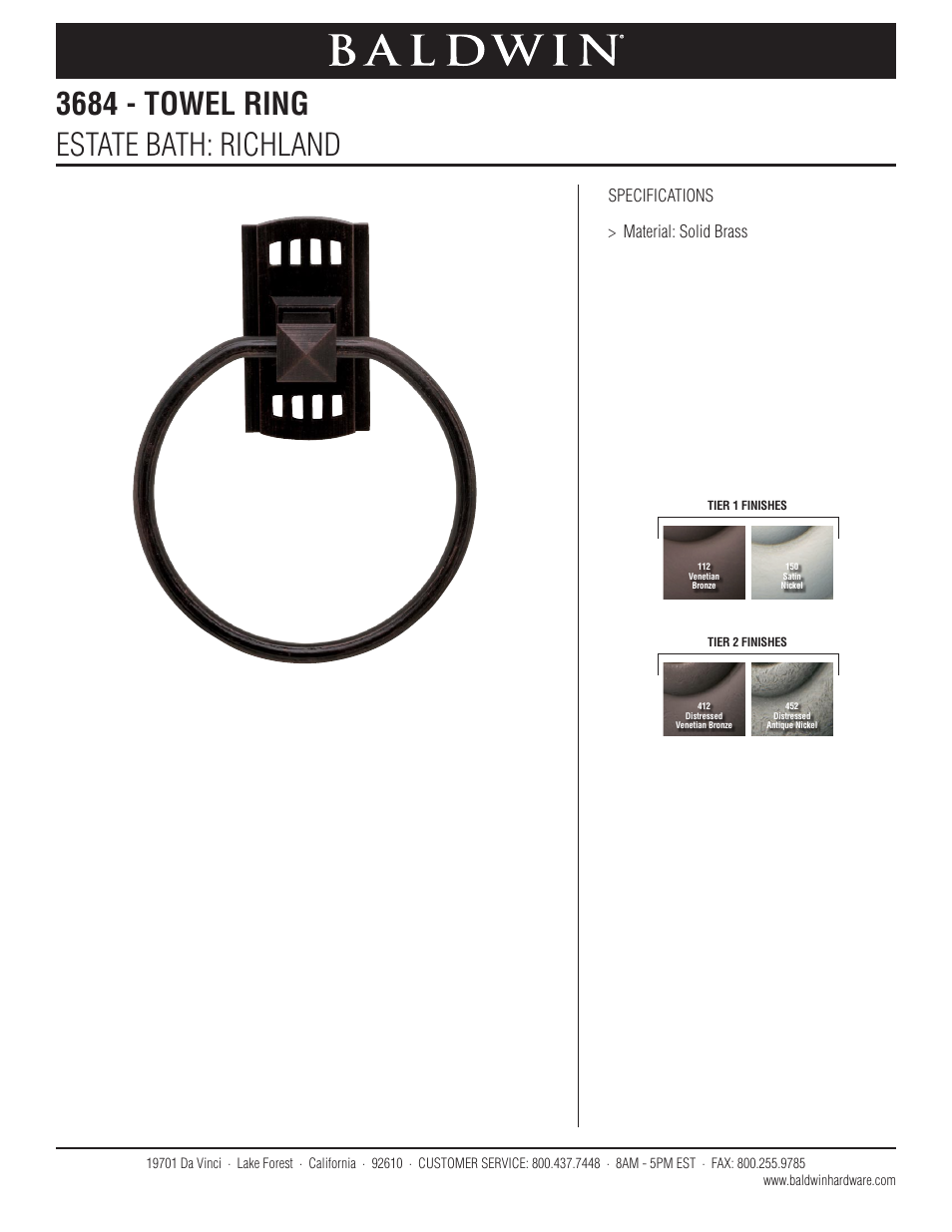 Baldwin Richland Towel Ring User Manual | 1 page