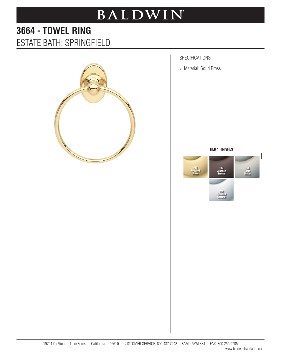 Baldwin Springfield Towel Ring User Manual | 1 page